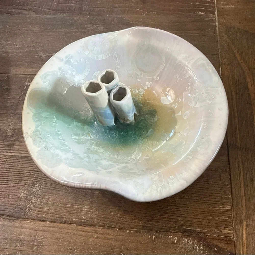 Handcrafted Kent Follette Pottery Ceramic Flower Frog Vase with Green Accent